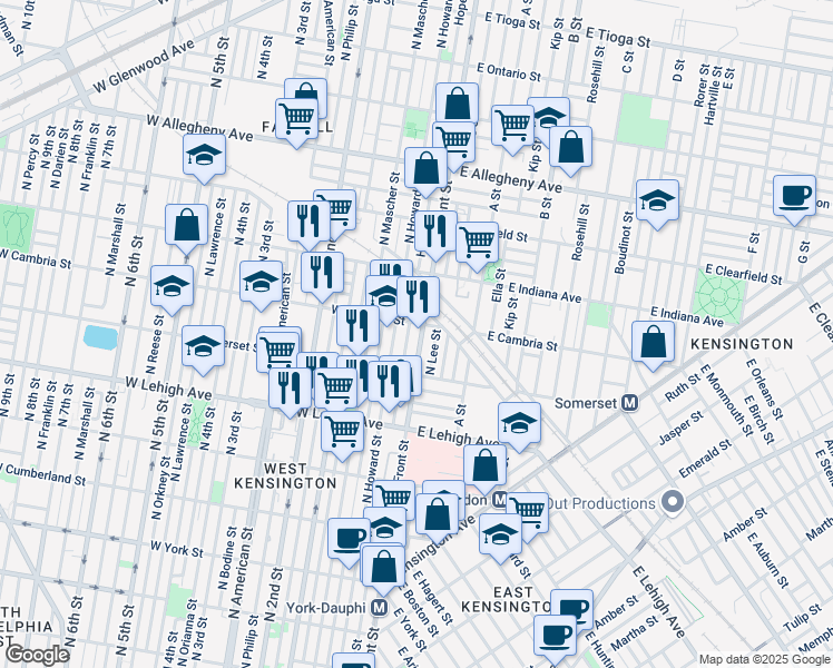 map of restaurants, bars, coffee shops, grocery stores, and more near 2814 North Front Street in Philadelphia