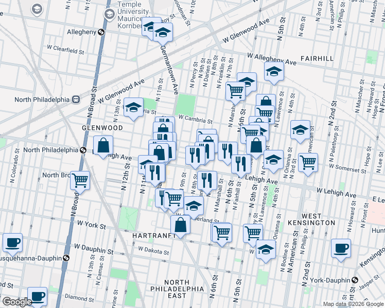 map of restaurants, bars, coffee shops, grocery stores, and more near 811 West Lehigh Avenue in Philadelphia