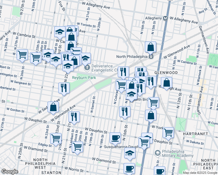 map of restaurants, bars, coffee shops, grocery stores, and more near 2558 North Cleveland Street in Philadelphia