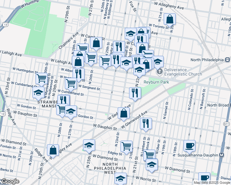 map of restaurants, bars, coffee shops, grocery stores, and more near 2338 West Sergeant Street in Philadelphia