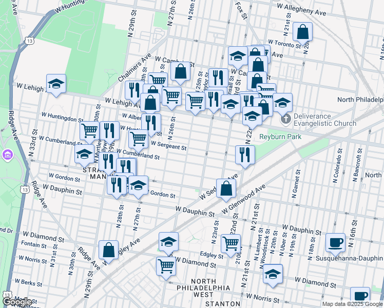 map of restaurants, bars, coffee shops, grocery stores, and more near 2434 West Cumberland Street in Philadelphia