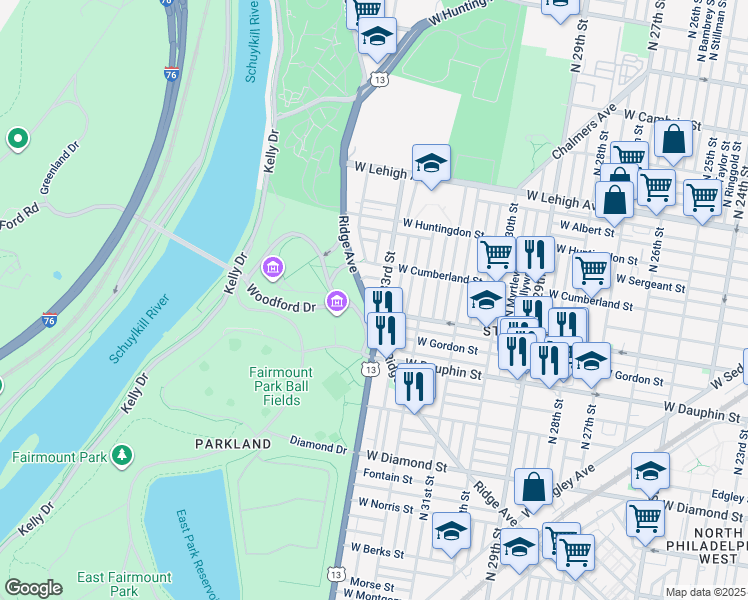 map of restaurants, bars, coffee shops, grocery stores, and more near 3317 Ridge Avenue in Philadelphia