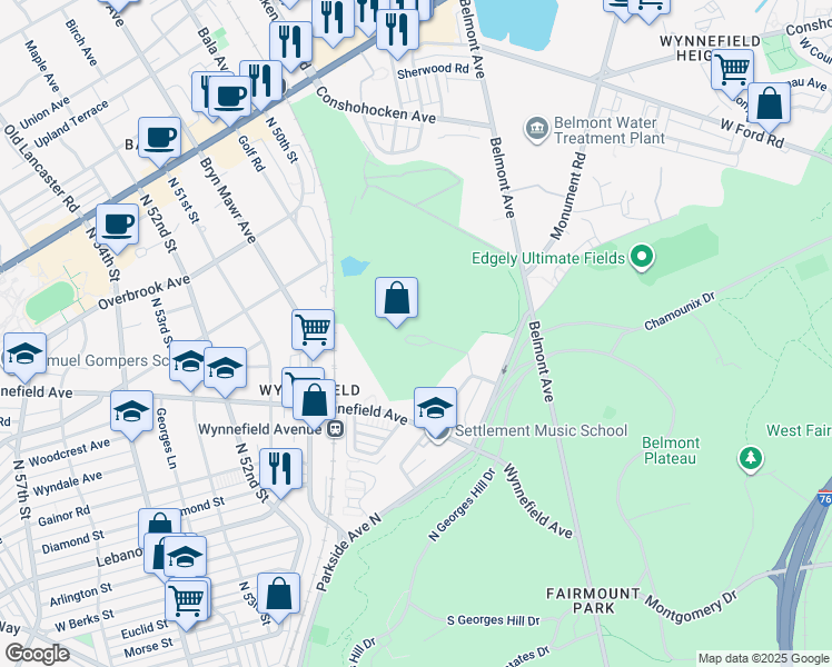map of restaurants, bars, coffee shops, grocery stores, and more near 2200 North 49th Street in Philadelphia