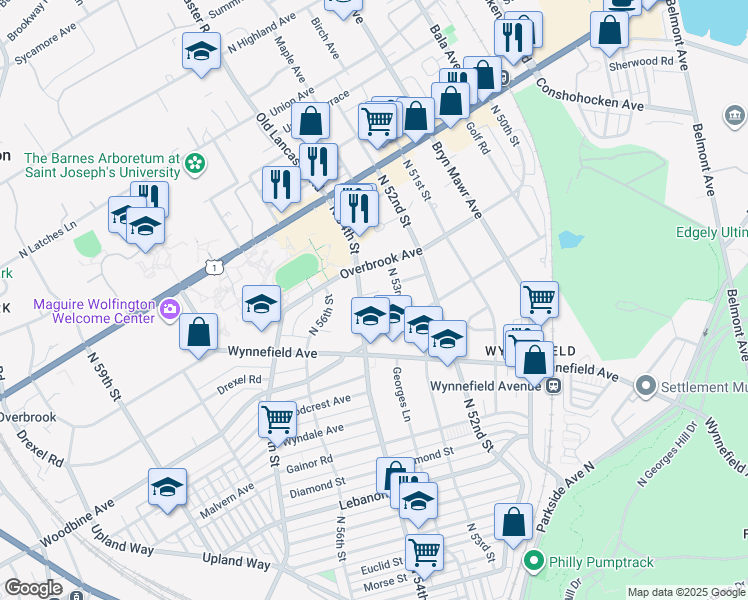 map of restaurants, bars, coffee shops, grocery stores, and more near 2408 North 54th Street in Philadelphia