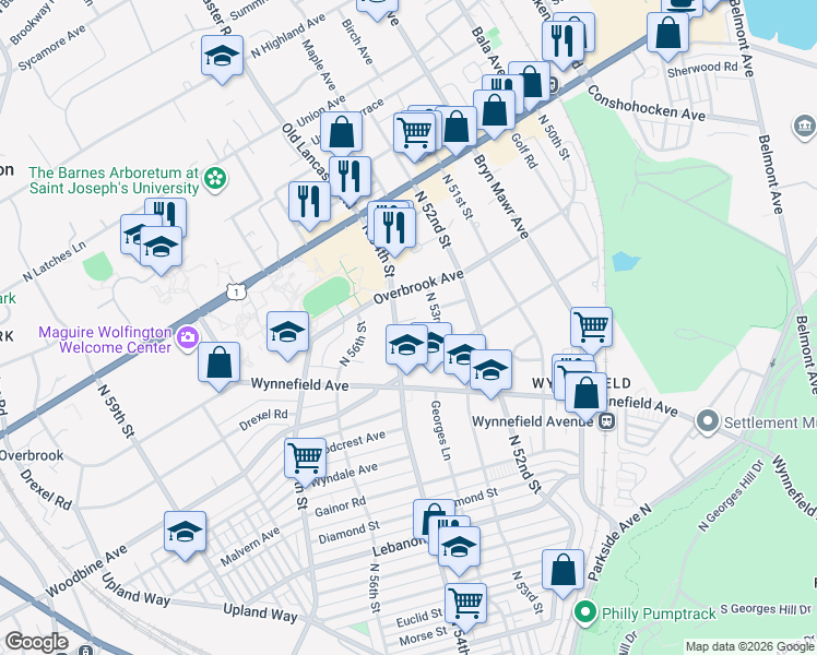 map of restaurants, bars, coffee shops, grocery stores, and more near 2408 North 54th Street in Philadelphia