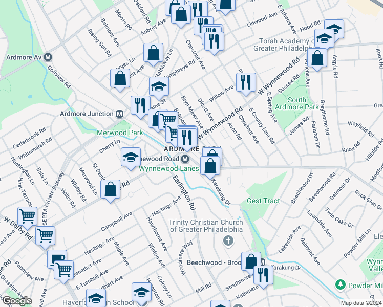 map of restaurants, bars, coffee shops, grocery stores, and more near 2322 Haverford Road in Ardmore