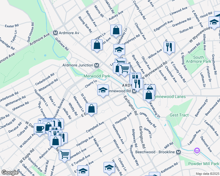map of restaurants, bars, coffee shops, grocery stores, and more near 2420 Linden Drive in Havertown