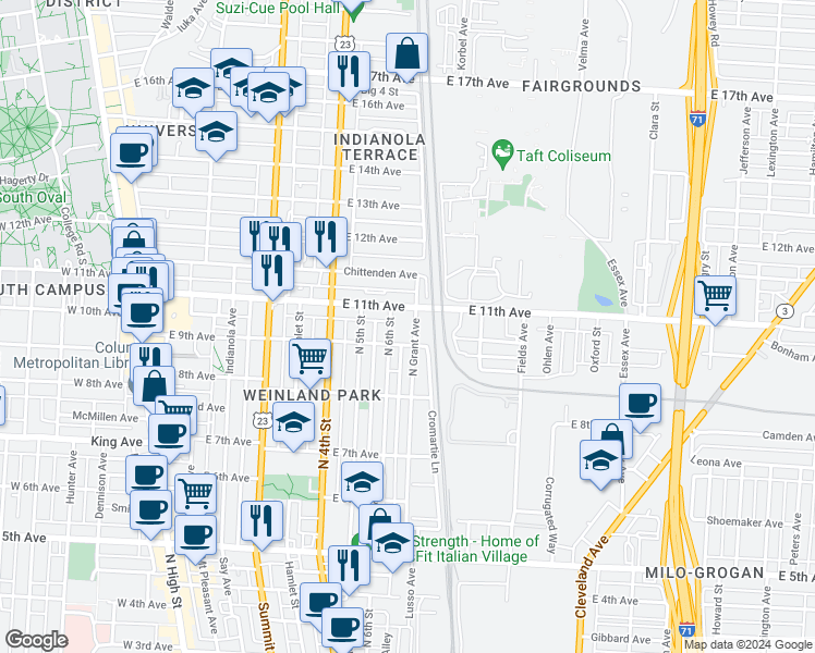map of restaurants, bars, coffee shops, grocery stores, and more near 1444 North 6th Street in Columbus