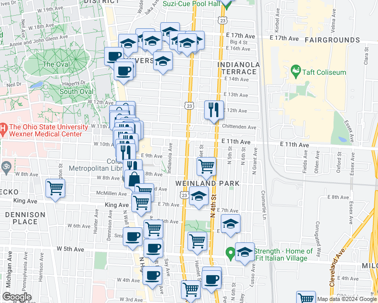 map of restaurants, bars, coffee shops, grocery stores, and more near in Columbus