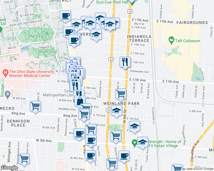 map of restaurants, bars, coffee shops, grocery stores, and more near 1469 Peters Alley in Columbus