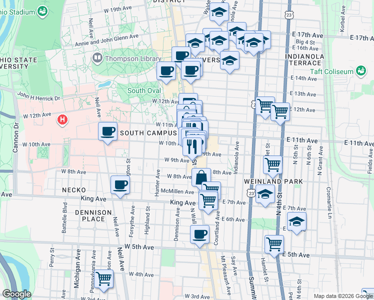 map of restaurants, bars, coffee shops, grocery stores, and more near in Columbus