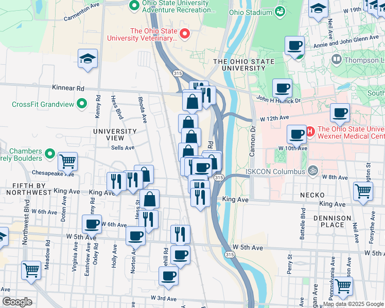 map of restaurants, bars, coffee shops, grocery stores, and more near 1717 Olentangy River Road in Columbus