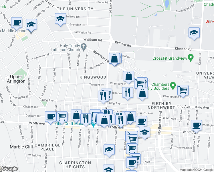 map of restaurants, bars, coffee shops, grocery stores, and more near 1737 North Star Road in Columbus