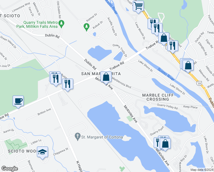 map of restaurants, bars, coffee shops, grocery stores, and more near 3235 Mc Kinley Avenue in Columbus
