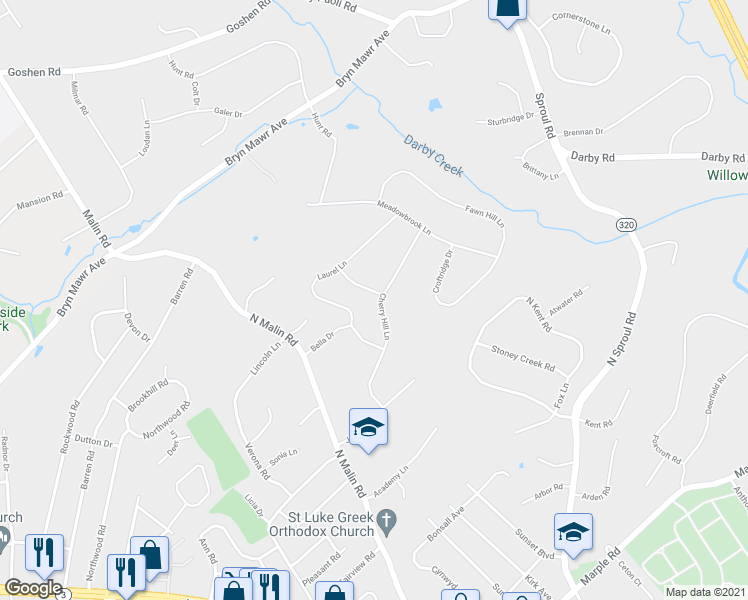 map of restaurants, bars, coffee shops, grocery stores, and more near 112 Cherry Hill Lane in Broomall