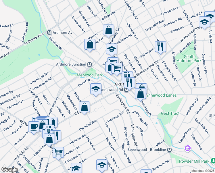 map of restaurants, bars, coffee shops, grocery stores, and more near 2413 Linden Drive in Havertown
