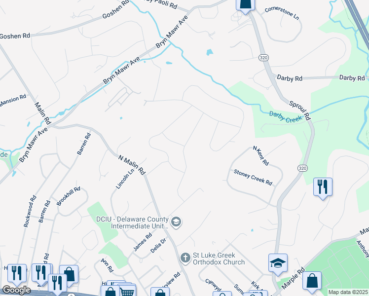 map of restaurants, bars, coffee shops, grocery stores, and more near 201 Highpoint Lane in Broomall
