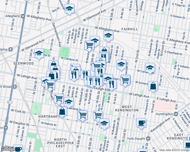 map of restaurants, bars, coffee shops, grocery stores, and more near 530 West Somerset Street in Philadelphia