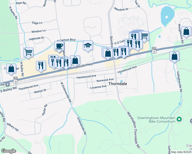 map of restaurants, bars, coffee shops, grocery stores, and more near 3710 Hazelwood Avenue in Downingtown