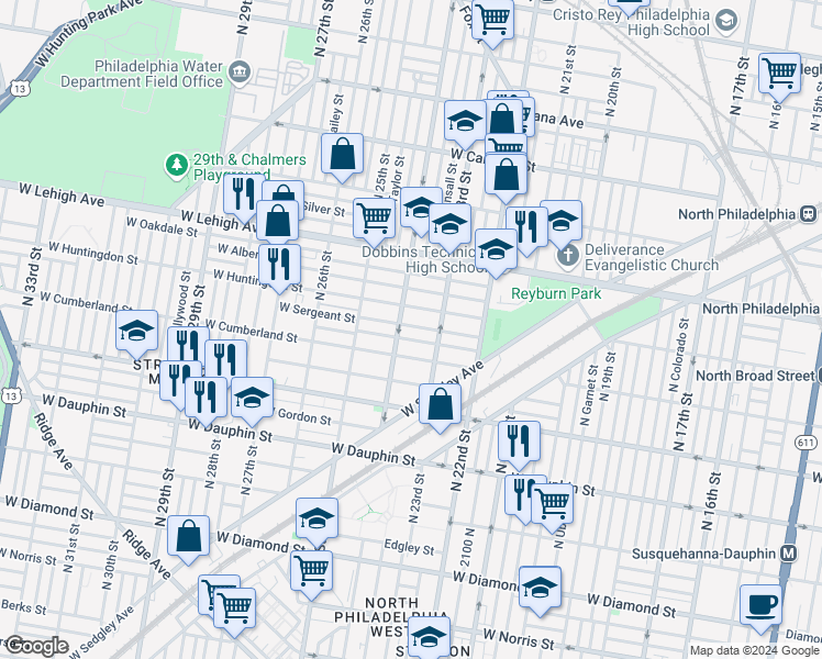 map of restaurants, bars, coffee shops, grocery stores, and more near 2338 West Sergeant Street in Philadelphia
