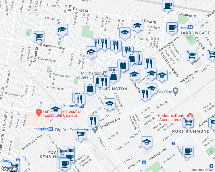 map of restaurants, bars, coffee shops, grocery stores, and more near 2954 Kensington Avenue in Philadelphia