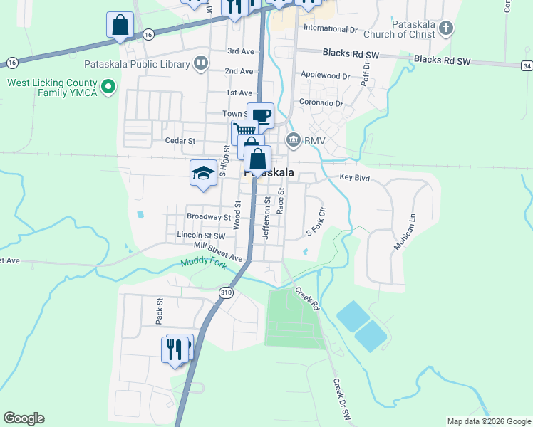 map of restaurants, bars, coffee shops, grocery stores, and more near Jefferson Street in Pataskala