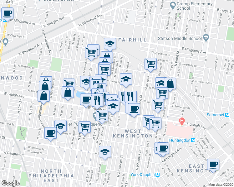 map of restaurants, bars, coffee shops, grocery stores, and more near 2813 North 4th Street in Philadelphia