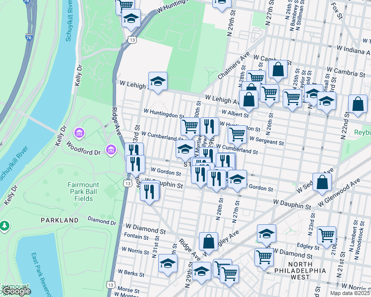 map of restaurants, bars, coffee shops, grocery stores, and more near 2449 North Corlies Street in Philadelphia