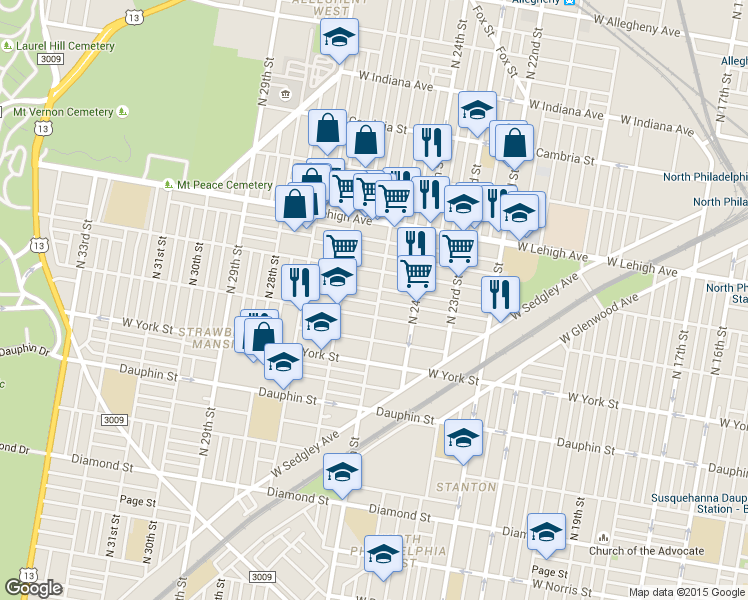 map of restaurants, bars, coffee shops, grocery stores, and more near 2518 N 25th St in Philadelphia