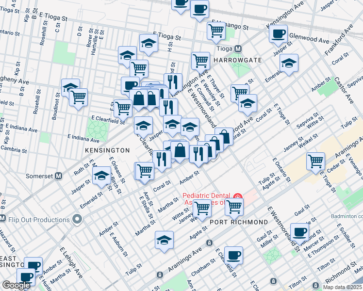 map of restaurants, bars, coffee shops, grocery stores, and more near 2012 East Allegheny Avenue in Philadelphia