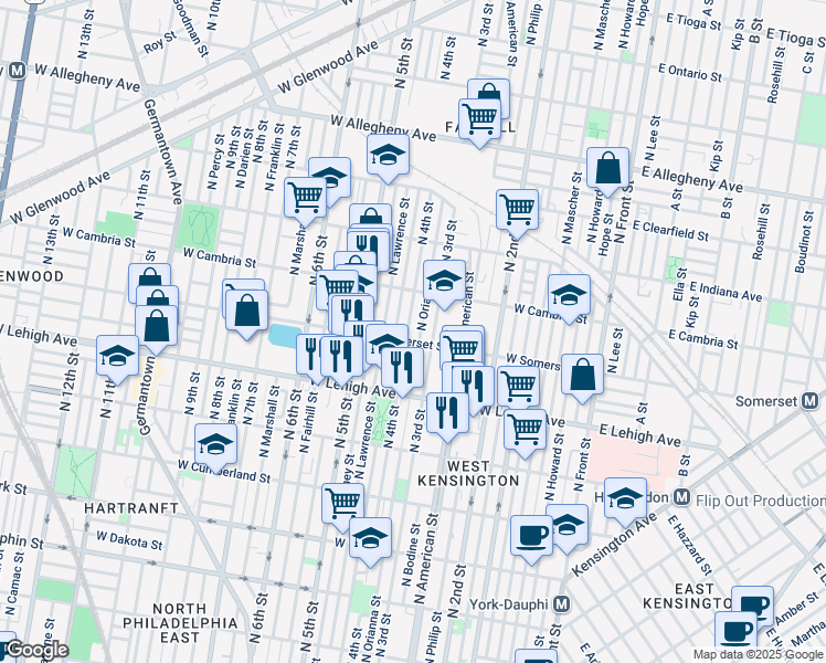 map of restaurants, bars, coffee shops, grocery stores, and more near 2813 North 4th Street in Philadelphia