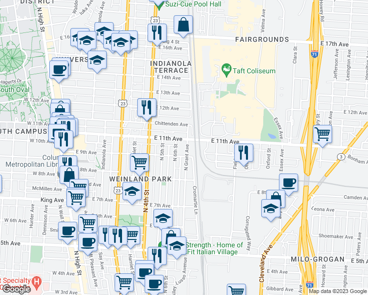 map of restaurants, bars, coffee shops, grocery stores, and more near 1477 North Grant Avenue in Columbus