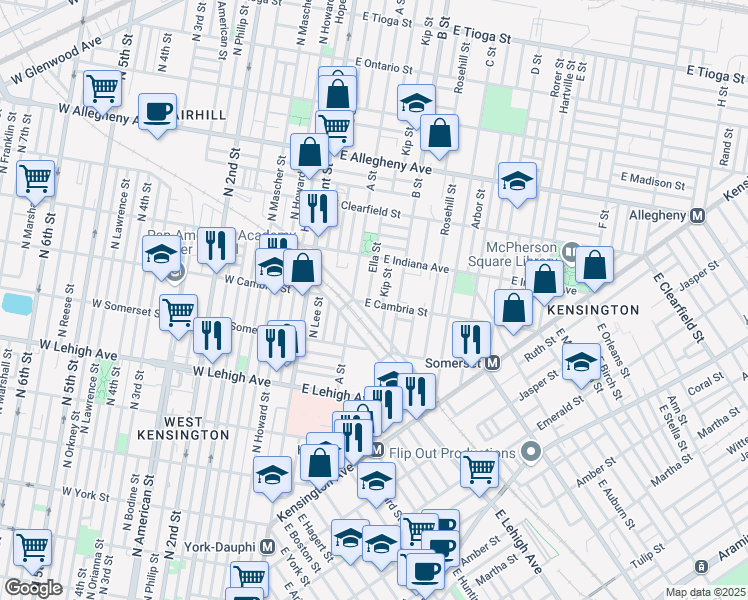 map of restaurants, bars, coffee shops, grocery stores, and more near 229 East Cambria Street in Philadelphia