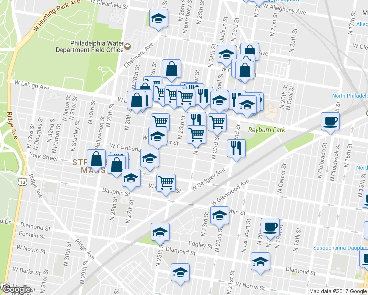 map of restaurants, bars, coffee shops, grocery stores, and more near 2439 West Firth Street in Philadelphia