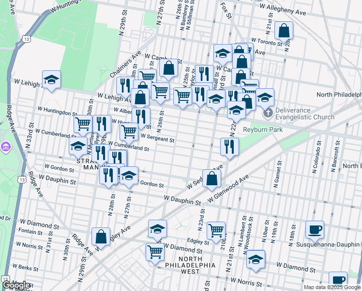 map of restaurants, bars, coffee shops, grocery stores, and more near 2439 West Firth Street in Philadelphia