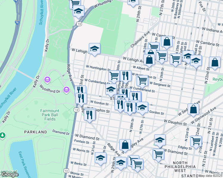 map of restaurants, bars, coffee shops, grocery stores, and more near 2449 North Corlies Street in Philadelphia