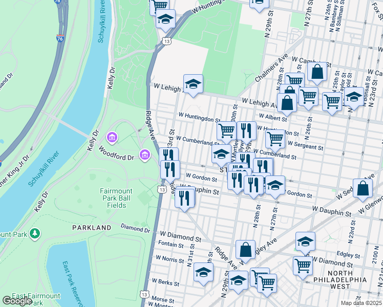 map of restaurants, bars, coffee shops, grocery stores, and more near 2429 North 32nd Street in Philadelphia