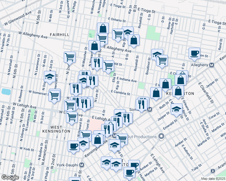 map of restaurants, bars, coffee shops, grocery stores, and more near 221 East Cambria Street in Philadelphia