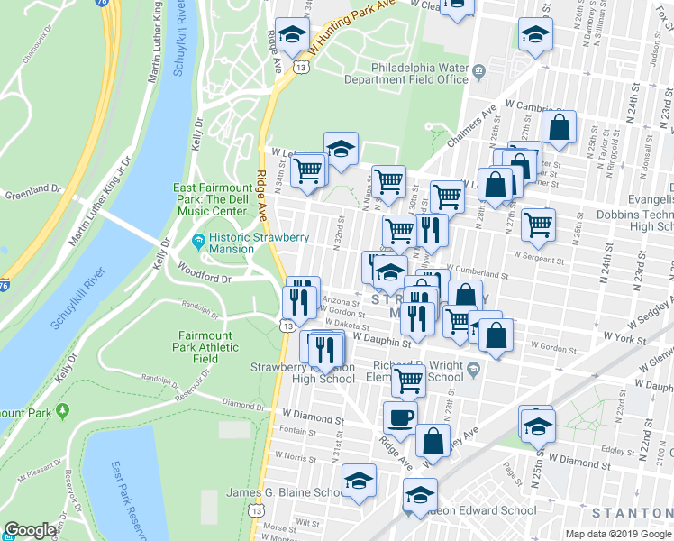 map of restaurants, bars, coffee shops, grocery stores, and more near 2429 North 32nd Street in Philadelphia