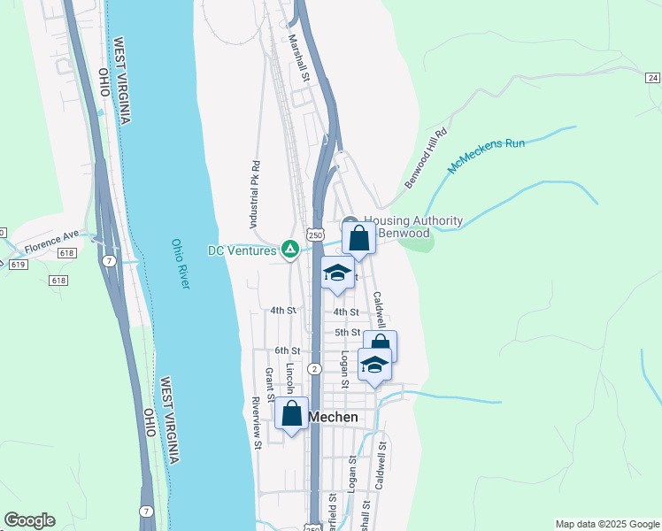 map of restaurants, bars, coffee shops, grocery stores, and more near 227 Logan Street in McMechen