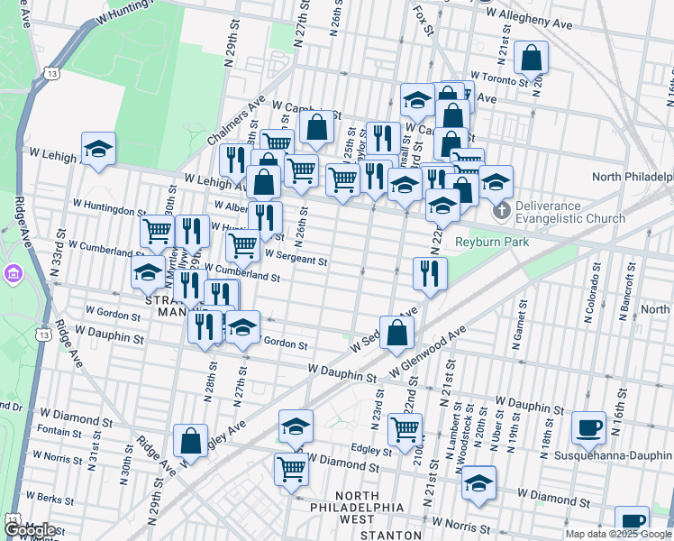 map of restaurants, bars, coffee shops, grocery stores, and more near 2434 West Cumberland Street in Philadelphia