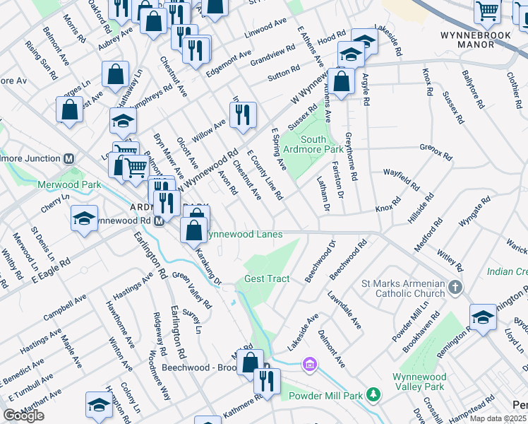map of restaurants, bars, coffee shops, grocery stores, and more near 2110 Chestnut Avenue in Ardmore