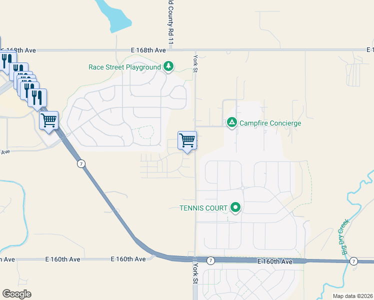 map of restaurants, bars, coffee shops, grocery stores, and more near 2233 East 164th Avenue in Thornton