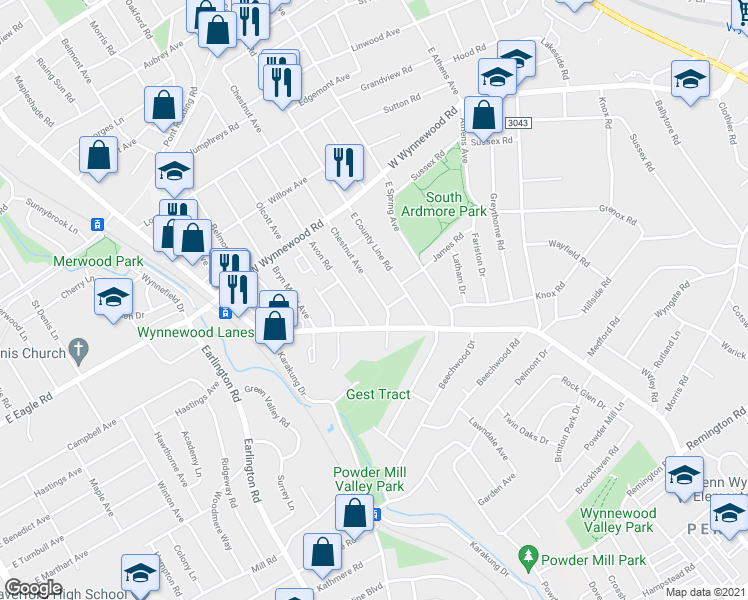 map of restaurants, bars, coffee shops, grocery stores, and more near 2110 Chestnut Avenue in Ardmore