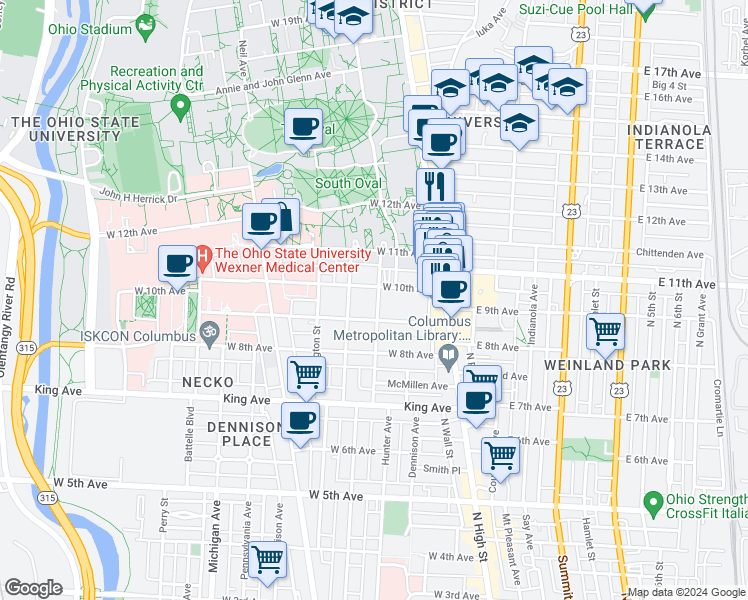 map of restaurants, bars, coffee shops, grocery stores, and more near 1557 Hunter Avenue in Columbus