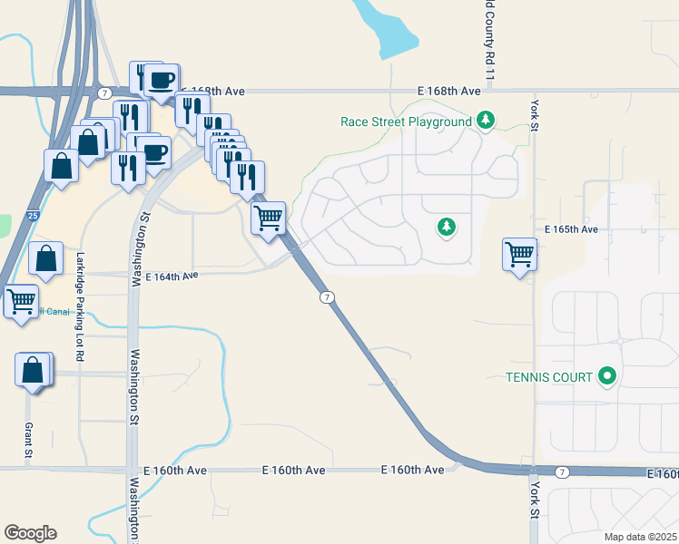 map of restaurants, bars, coffee shops, grocery stores, and more near 16499 Marion Street in Thornton
