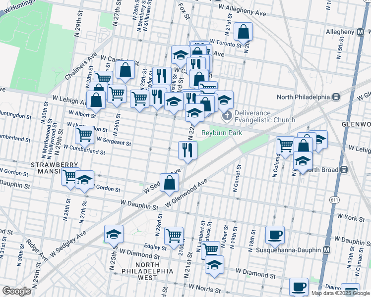 map of restaurants, bars, coffee shops, grocery stores, and more near 2542 North 22nd Street in Philadelphia