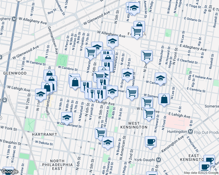 map of restaurants, bars, coffee shops, grocery stores, and more near 439 West Somerset Street in Philadelphia