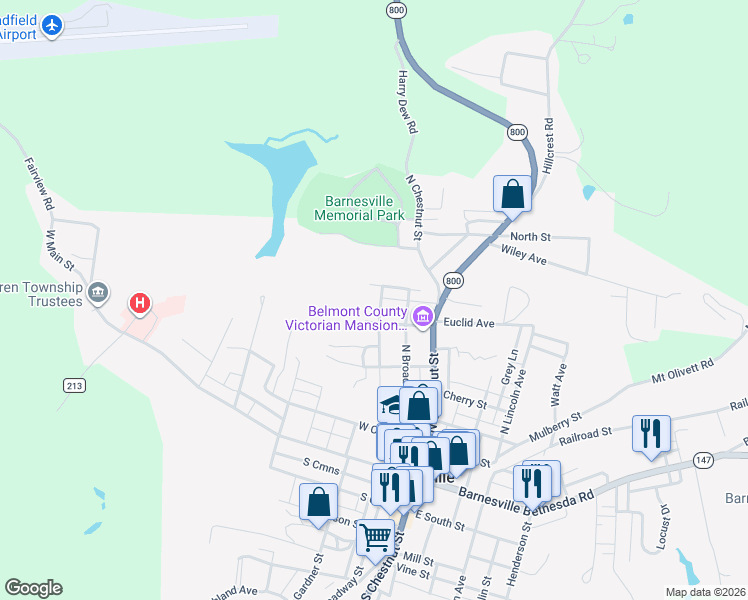 map of restaurants, bars, coffee shops, grocery stores, and more near 201 Kirk Avenue in Barnesville