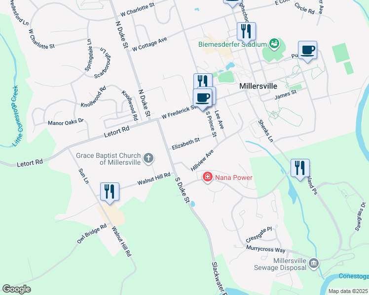 map of restaurants, bars, coffee shops, grocery stores, and more near 164 Elizabeth Street in Millersville
